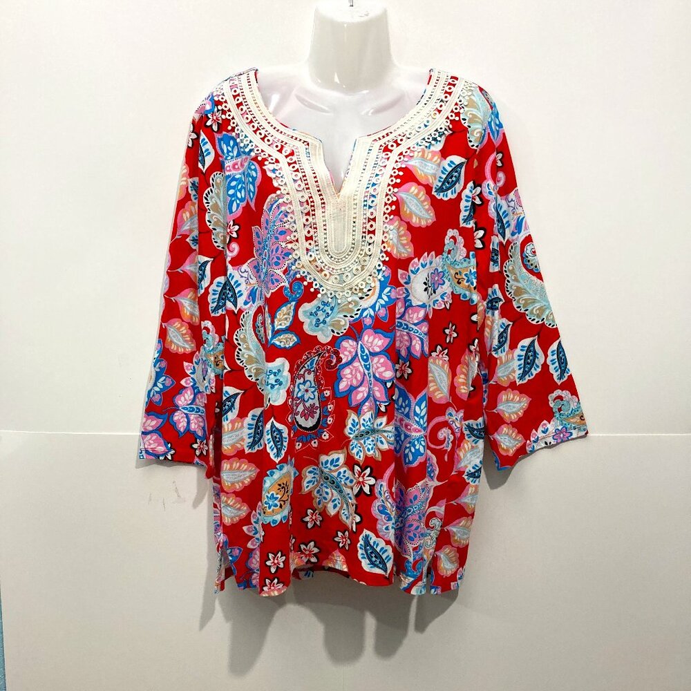 Talbots Pastel Floral Knit Top Crochet Pima Cotton Modal 3/4 Sleeve Red Size XL